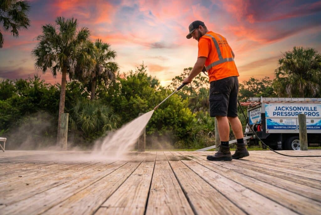 A worker in an orange safety vest and cap power washes a wooden deck at sunset, with palm trees and a truck labeled Jacksonville Pressure Pros in the background.