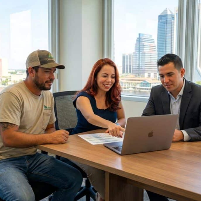 Three people sit at a conference table in a modern office with large windows and a cityscape view. They are looking at a laptop, with one woman smiling and pointing at the screen while the two men watch attentively.